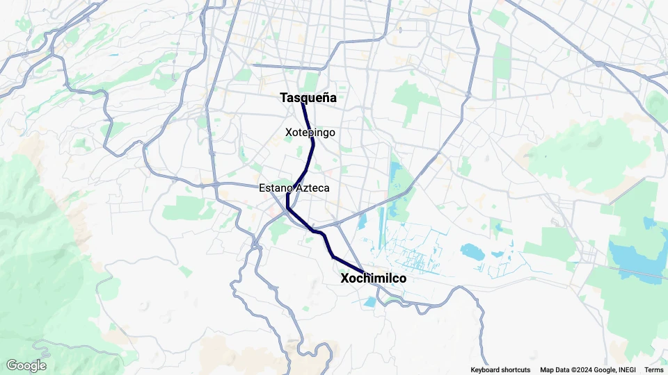 Mexiko-Stadt Straßenbahnlinie El Tren Ligero Línea 1: Tasqueña - Xochimilco Linienkarte