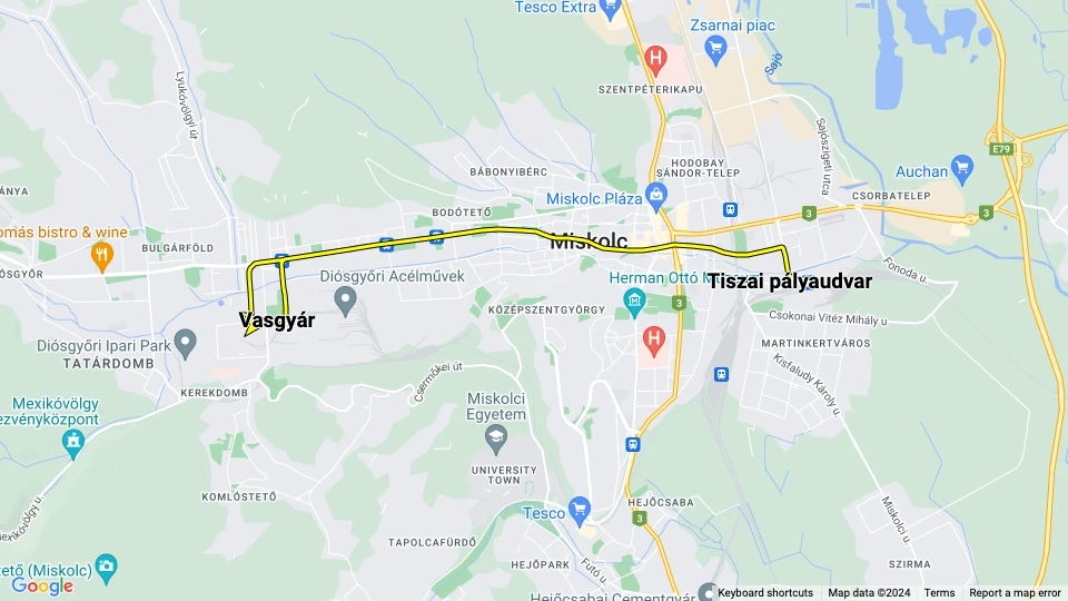 Miskolc Straßenbahnlinie 2V: Tiszai pályaudvar - Vasgyár Linienkarte