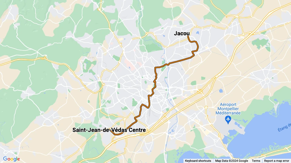 Montpellier Straßenbahnlinie 2: Jacou - Saint-Jean-de-Védas Centre Linienkarte