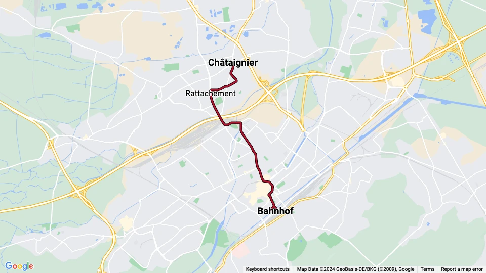 Mülhausen Straßenbahnlinie 1: Bahnhof - Châtaignier Linienkarte