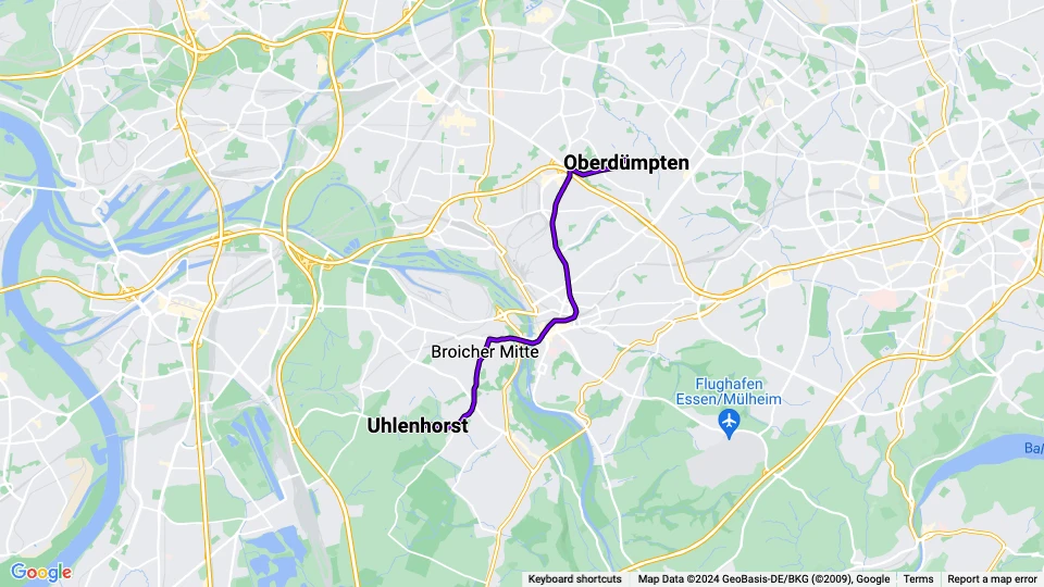 Mülheim an der Ruhr Straßenbahnlinie 102: Uhlenhorst - Oberdümpten Linienkarte
