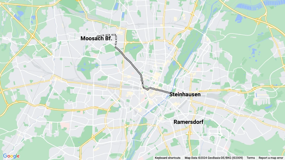 München Straßenbahnlinie 1: Moosach Bf. - Steinhausen Linienkarte