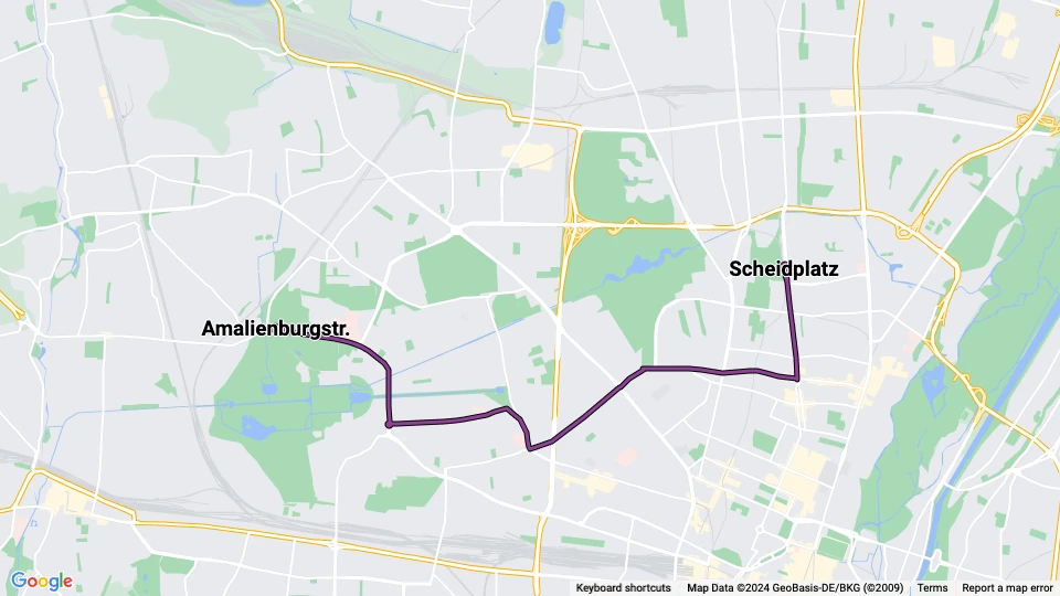 München Straßenbahnlinie 12: Scheidplatz - Amalienburgstr. Linienkarte