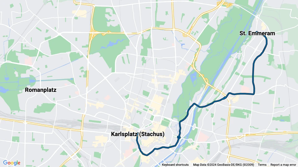 München Straßenbahnlinie 16: St. Emmeram - Karlsplatz (Stachus) Linienkarte