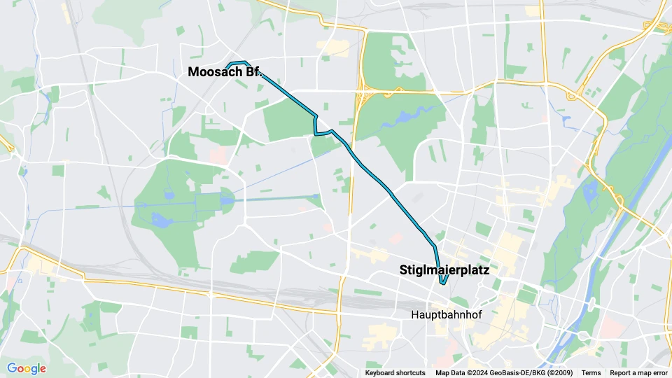 München Straßenbahnlinie 20: Moosach Bf. - Stiglmaierplatz Linienkarte