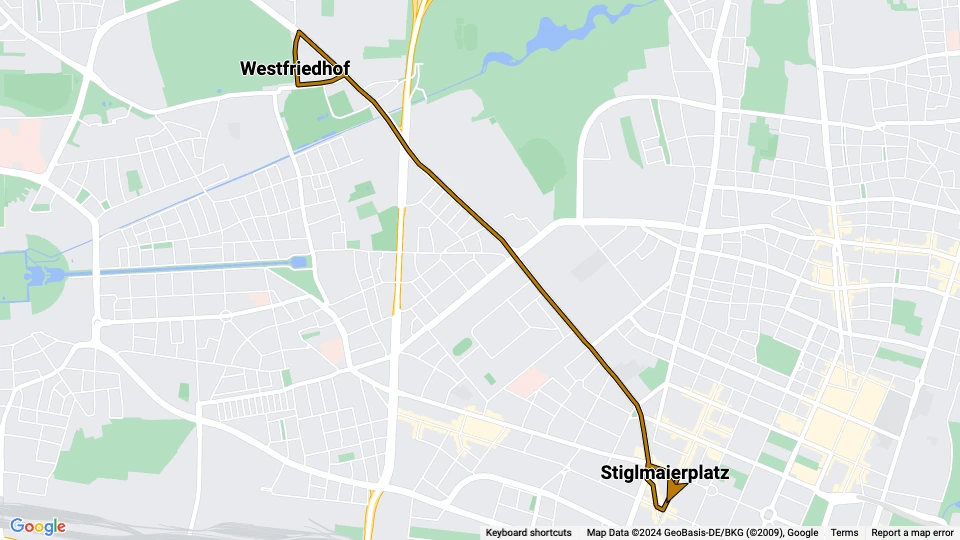 München Straßenbahnlinie 21: Stiglmaierplatz - Westfriedhof Linienkarte