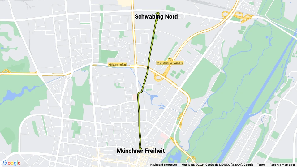München Straßenbahnlinie 23: Schwabing Nord - Münchner Freiheit Linienkarte