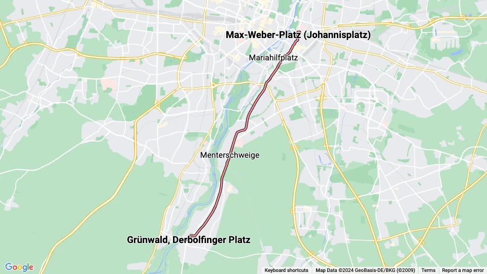 München Straßenbahnlinie 25: Grünwald, Derbolfinger Platz - Max-Weber-Platz (Johannisplatz) Linienkarte