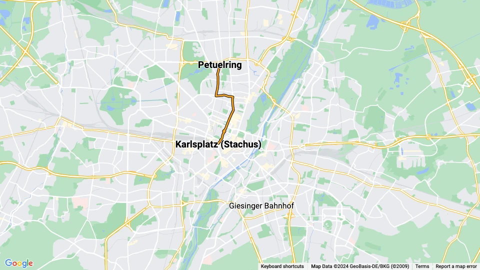 München Straßenbahnlinie 27: Karlsplatz (Stachus) - Petuelring Linienkarte