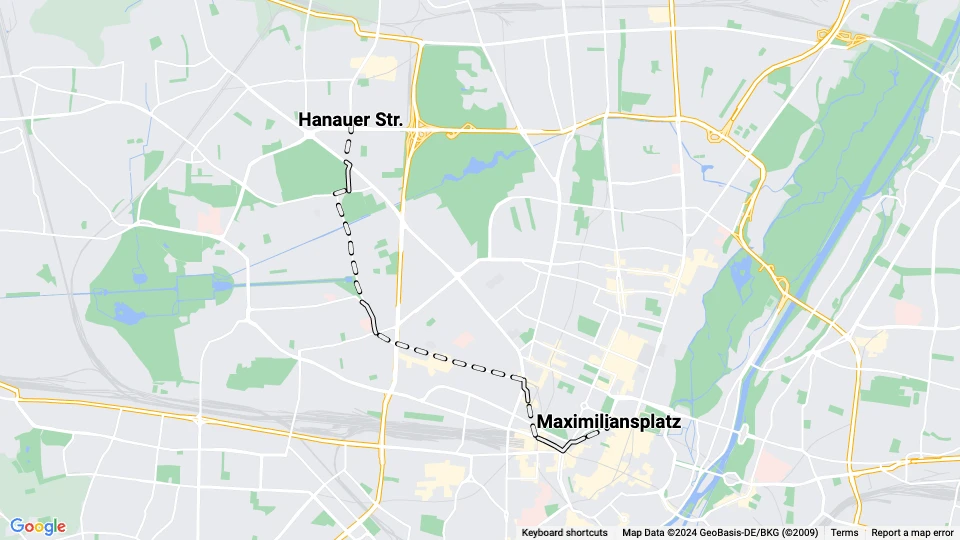 München Straßenbahnlinie 4: Maximiliansplatz - Hanauer Str. Linienkarte