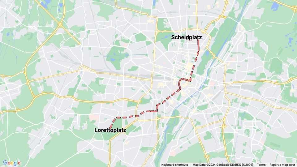 München Straßenbahnlinie 6: Scheidplatz - Lorettoplatz Linienkarte