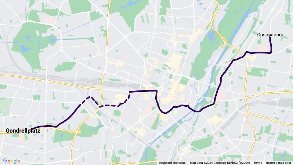 München Straßenbahnlinie 9: Gondrellplatz - Cosimapark Linienkarte