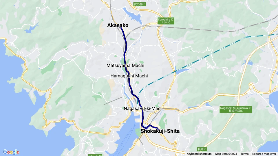 Nagasaki Straßenbahnlinie 1: Akasako - Shokakuji-Shita Linienkarte
