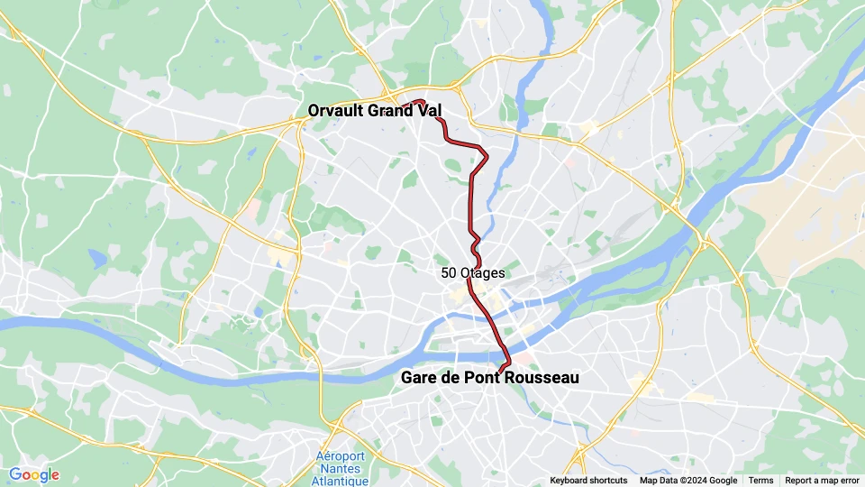Nantes Straßenbahnlinie 2: Gare de Pont Rousseau - Orvault Grand Val Linienkarte