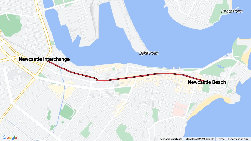 Newcastle Straßenbahnlinie L: Newcastle Beach - Newcastle Interchange Linienkarte