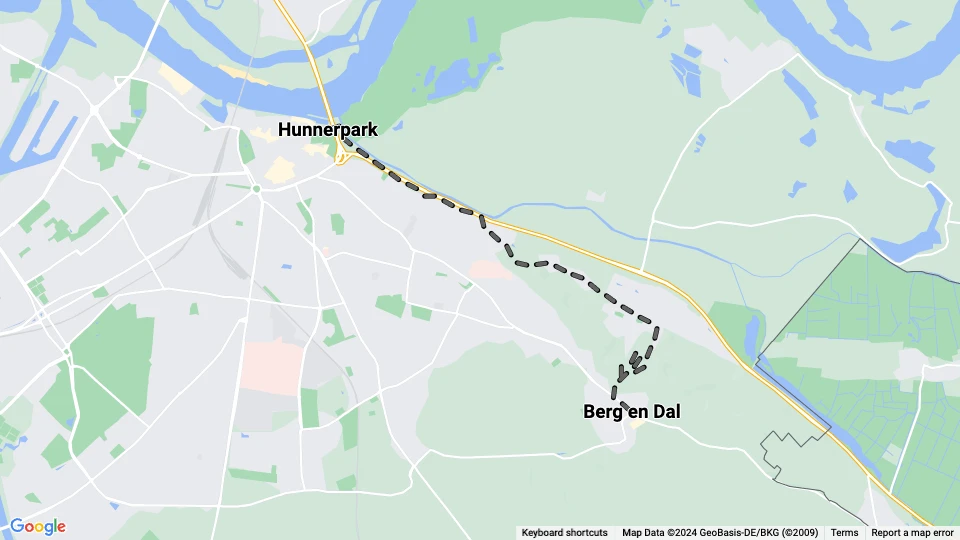 Nijmegen Straßenbahnlinie 2: Berg en Dal - Hunnerpark Linienkarte