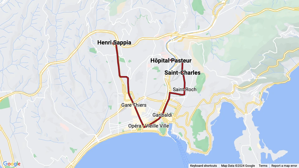 Nizza Straßenbahnlinie 1: Hôpital Pasteur - Henri Sappia Linienkarte