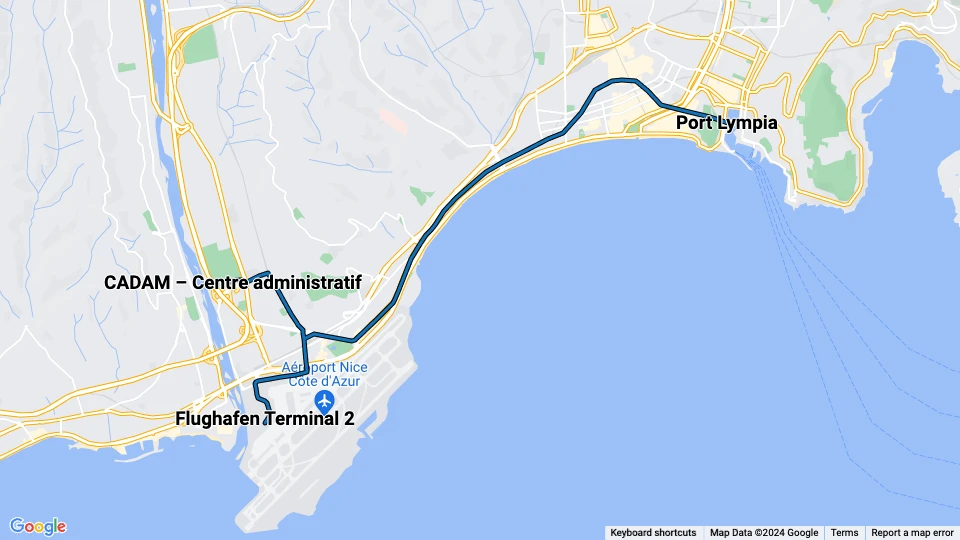 Nizza Straßenbahnlinie 2: Flughafen Terminal 2 - Port Lympia Linienkarte