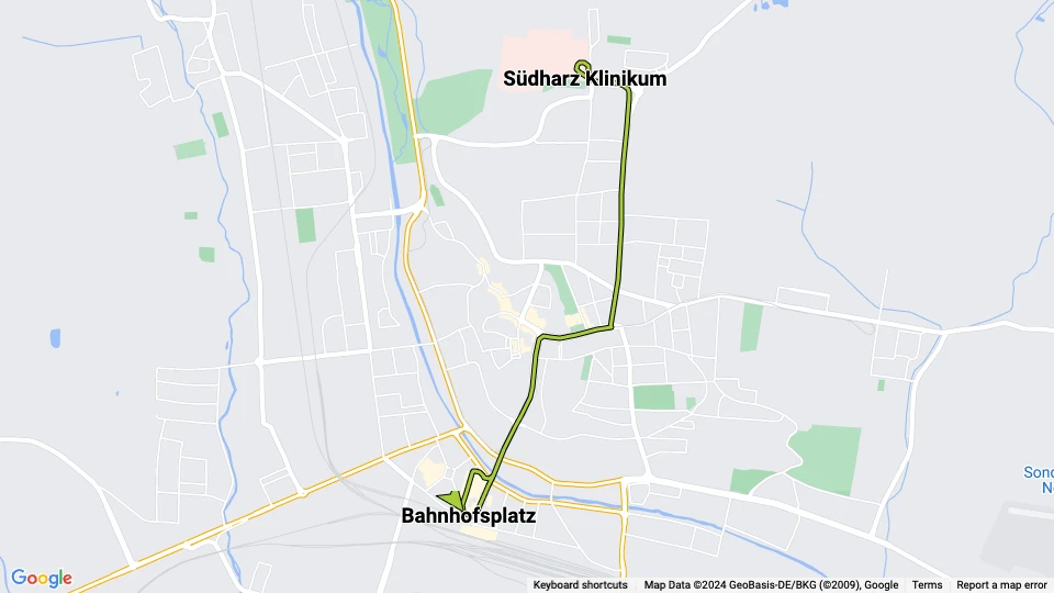 Nordhausen Straßenbahnlinie 1: Südharz Klinikum - Bahnhofsplatz Linienkarte