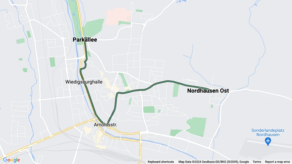 Nordhausen Straßenbahnlinie 2: Parkallee - Nordhausen Ost Linienkarte