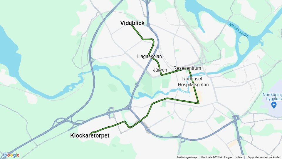 Norrköping Straßenbahnlinie 3: Vidablick - Klockaretorpet Linienkarte