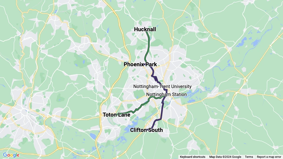Nottingham Express Transit (NET) Linienkarte
