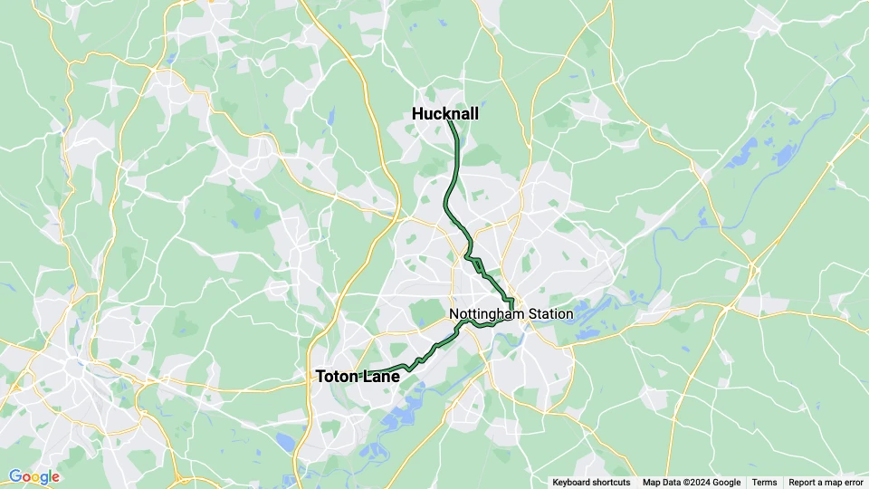 Nottingham Straßenbahnlinie Grün: Hucknall - Toton Lane Linienkarte