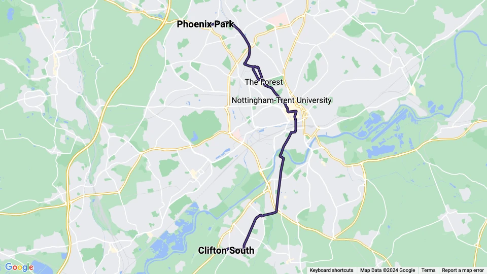 Nottingham Straßenbahnlinie Lila: Clifton South - Phoenix Park Linienkarte