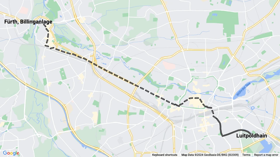 Nürnberg Straßenbahnlinie 1: Luitpoldhain - Fürth, Billinganlage Linienkarte
