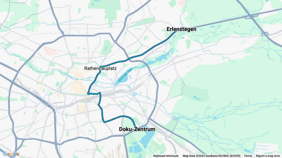 Nürnberg Straßenbahnlinie 8: Doku-Zentrum - Erlenstegen Linienkarte