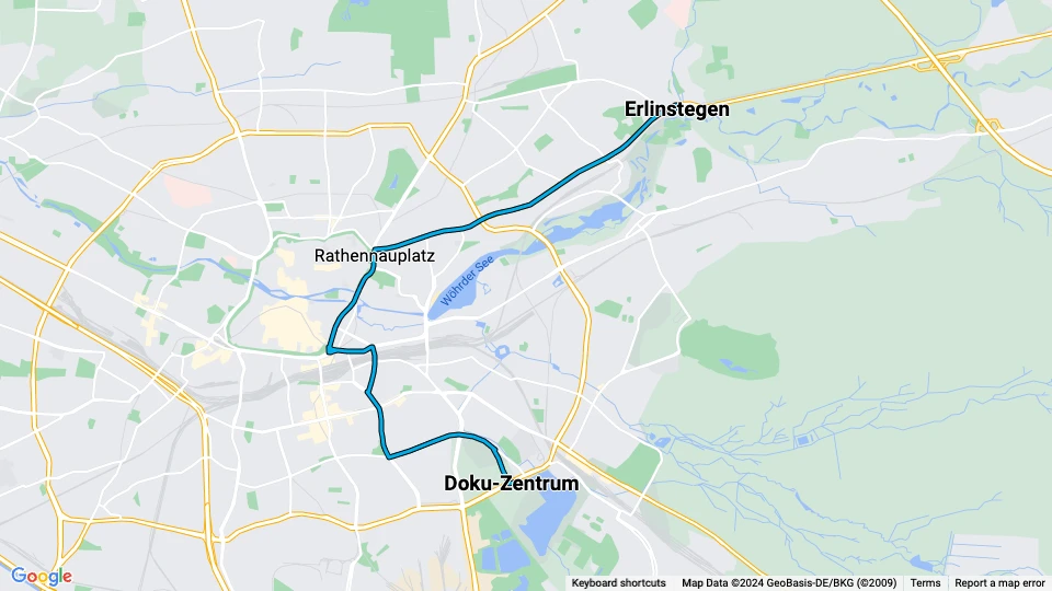 Nürnberg Straßenbahnlinie 8: Doku-Zentrum - Erlinstegen Linienkarte