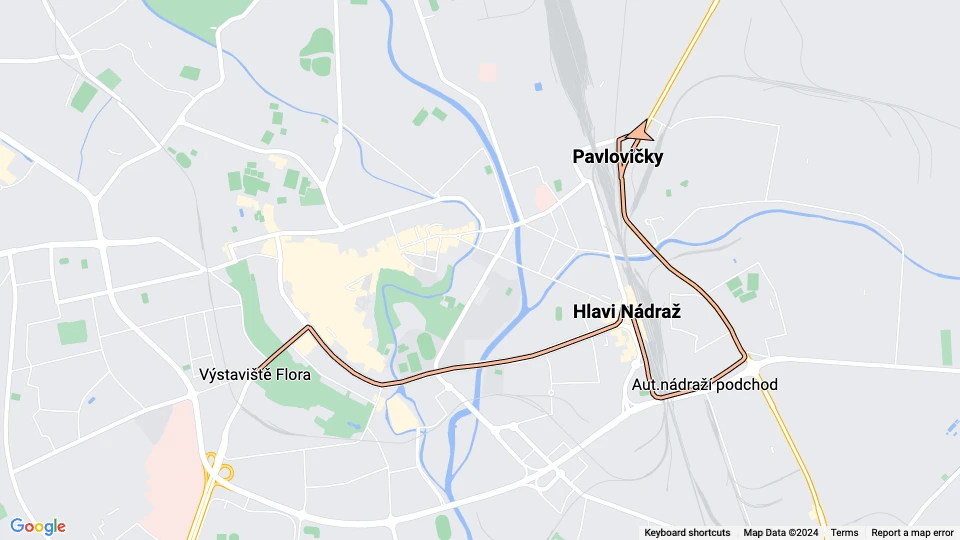 Olmütz Straßenbahnlinie X4: Pavlovičky - Výstaviště Flora Linienkarte