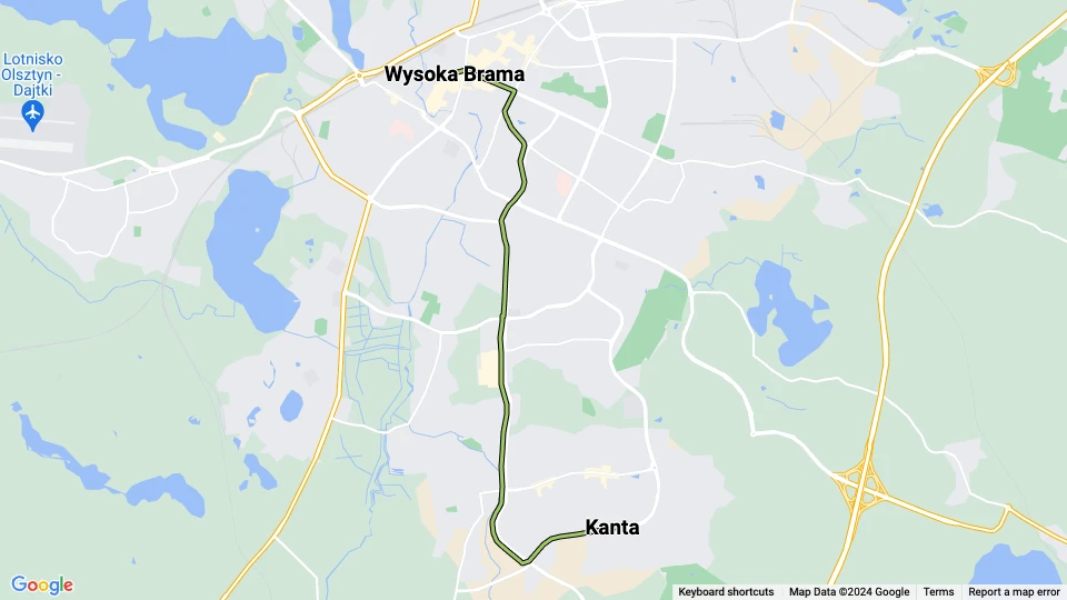 Olsztyn Straßenbahnlinie 1: Wysoka Brama - Kanta Linienkarte