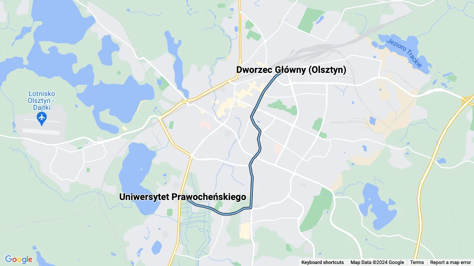 Olsztyn Straßenbahnlinie 3: Dworzec Główny (Olsztyn) - Uniwersytet Prawocheńskiego Linienkarte