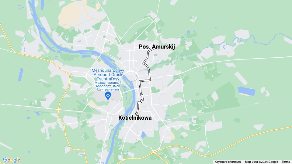 Omsk Straßenbahnlinie 4: Kotielnikowa - Pos. Amurskij Linienkarte