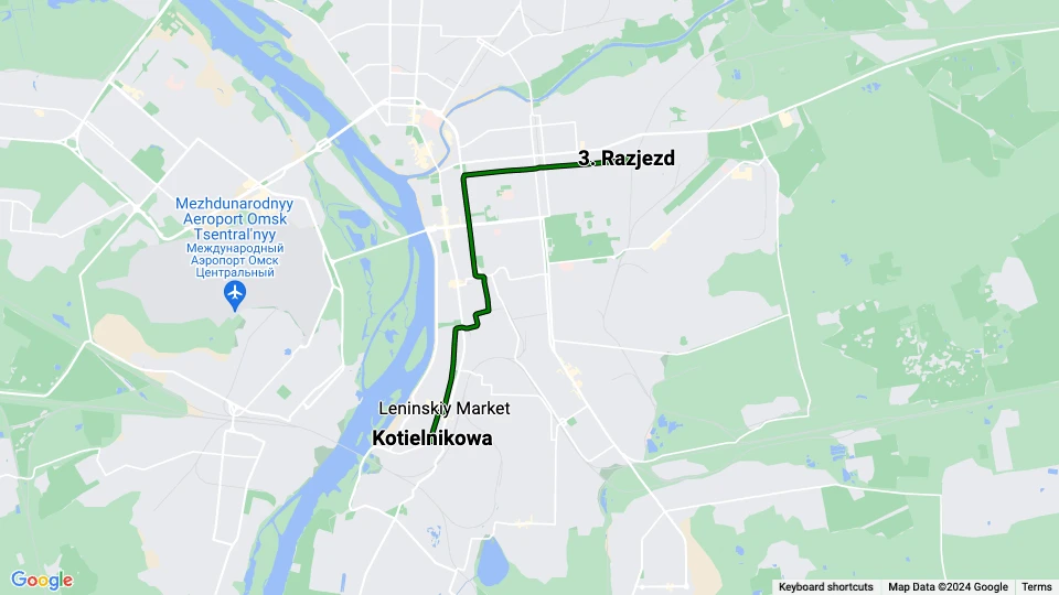 Omsk Straßenbahnlinie 9: Kotielnikowa - 3. Razjezd Linienkarte