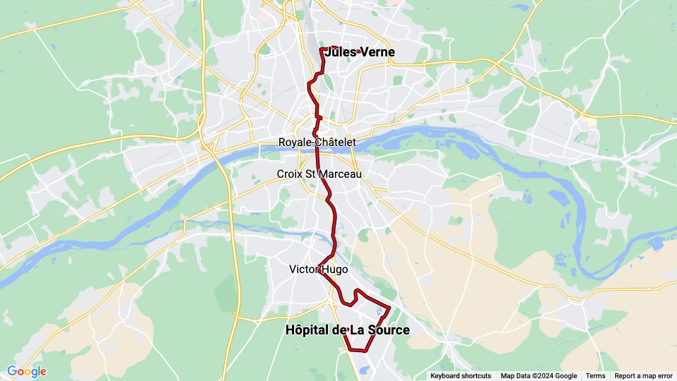Orléans Straßenbahnlinie A: Jules Verne - Hôpital de La Source Linienkarte
