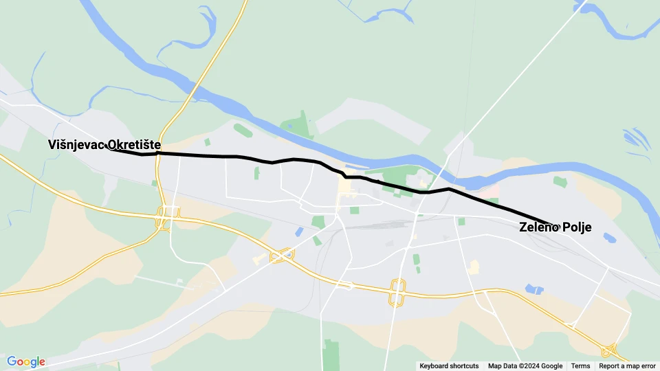 Osijek Straßenbahnlinie 1: Višnjevac Okretište - Zeleno Polje Linienkarte