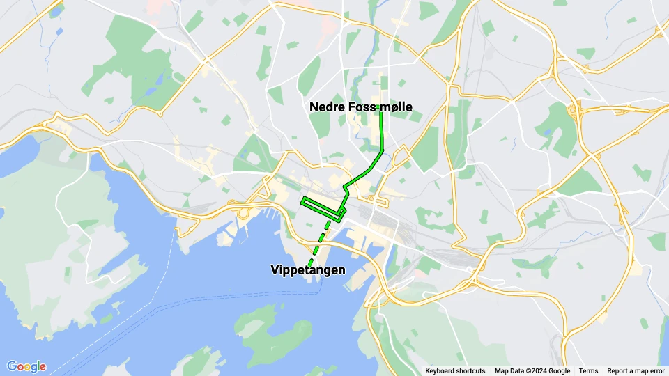 Oslo Korntrikken: Nedre Foss mølle - Vippetangen Linienkarte