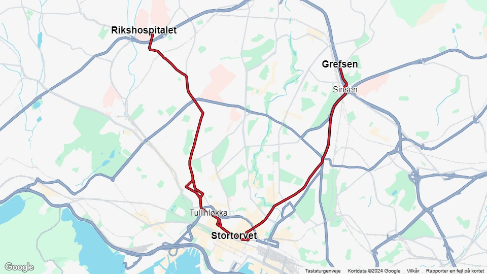 Oslo Straßenbahnlinie 17: Grefsen - Rikshospitalet Linienkarte