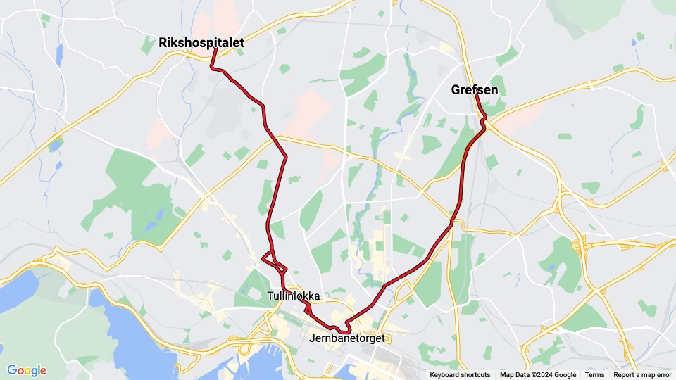 Oslo Straßenbahnlinie 17: Grefsen stasjon - Rikshospitalet Linienkarte