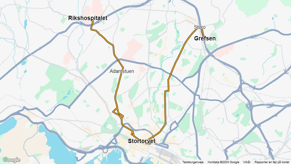 Oslo Straßenbahnlinie 18: Grefsen - Rikshospitalet Linienkarte