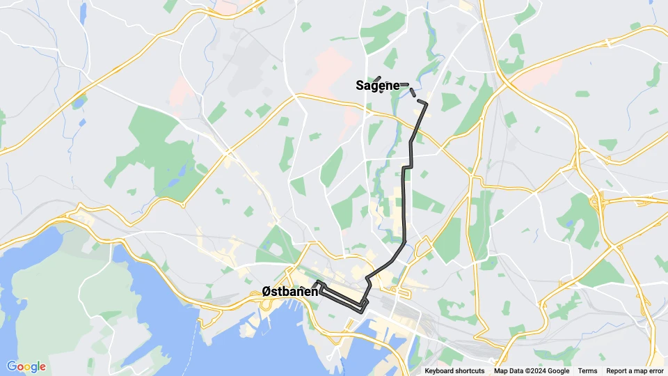 Oslo Straßenbahnlinie 5: Sagene - Østbanen Linienkarte