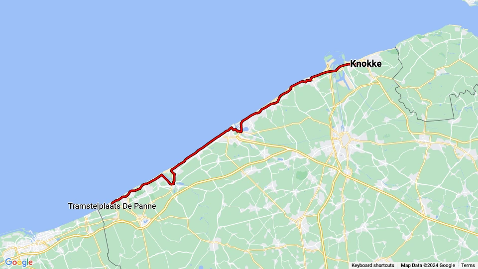 Ostende Museumslinie TTO: Knokke - Tramstelplaats De Panne Linienkarte