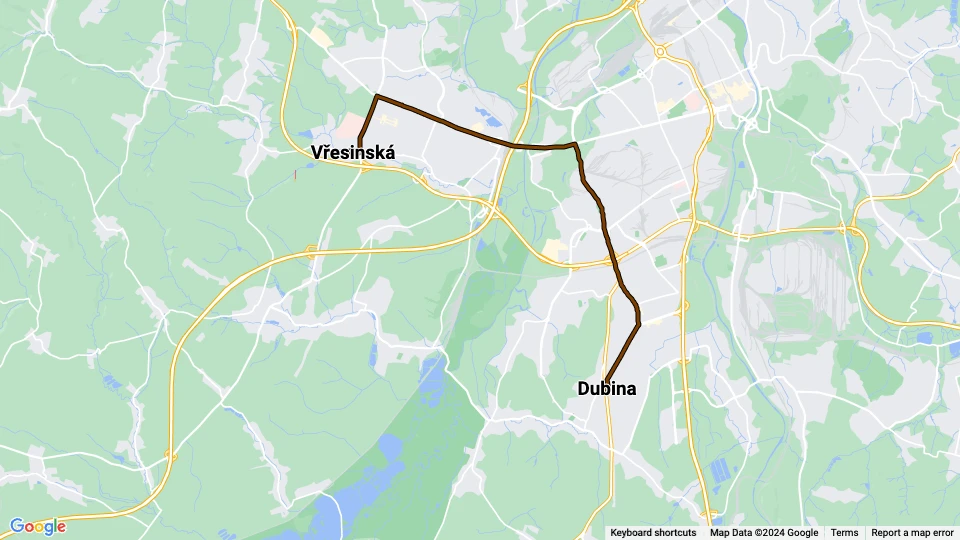 Ostrava Straßenbahnlinie 17: Dubina - Vřesinská Linienkarte