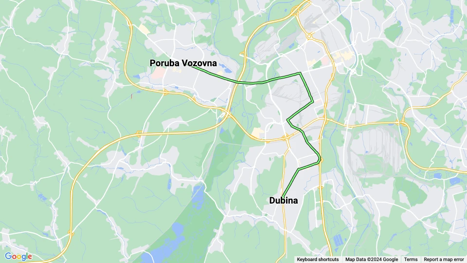 Ostrava Straßenbahnlinie 3: Dubina - Poruba Vozovna Linienkarte