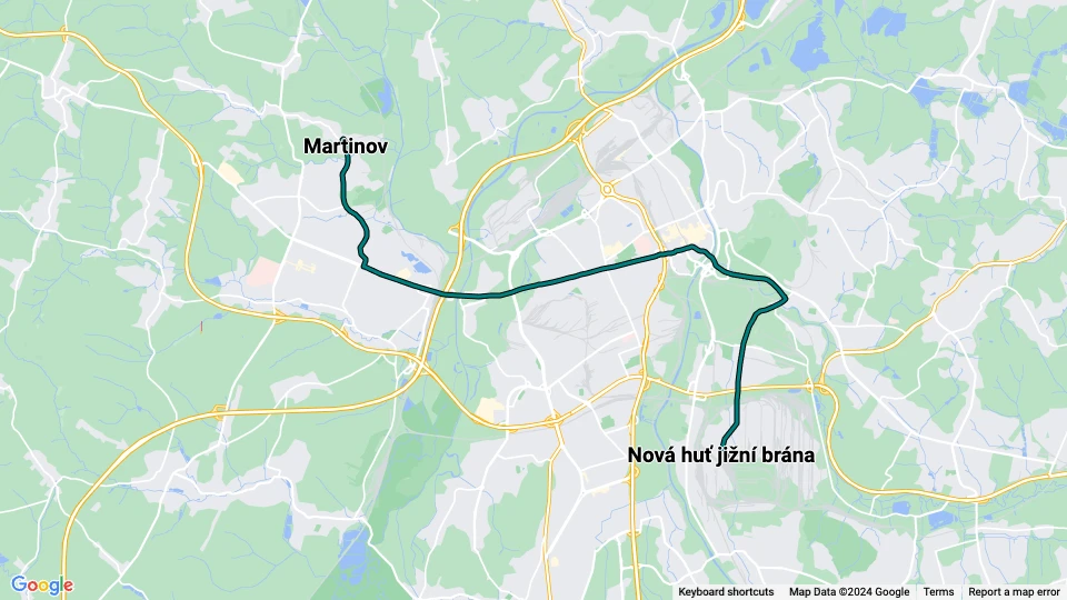 Ostrava Straßenbahnlinie 4: Nová huť jižní brána - Martinov Linienkarte