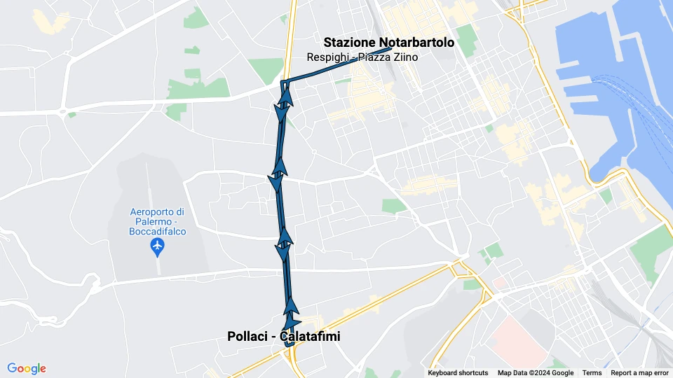 Palermo Straßenbahnlinie 4: Stazione Notarbartolo - Pollaci - Calatafimi Linienkarte