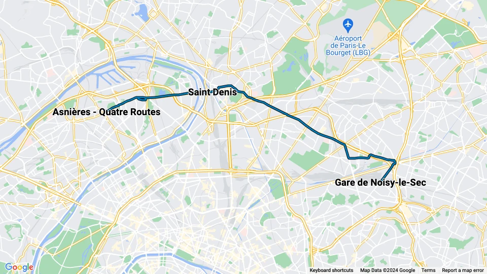 Paris Straßenbahnlinie T1: Gare de Noisy-le-Sec - Asnières - Quatre Routes Linienkarte