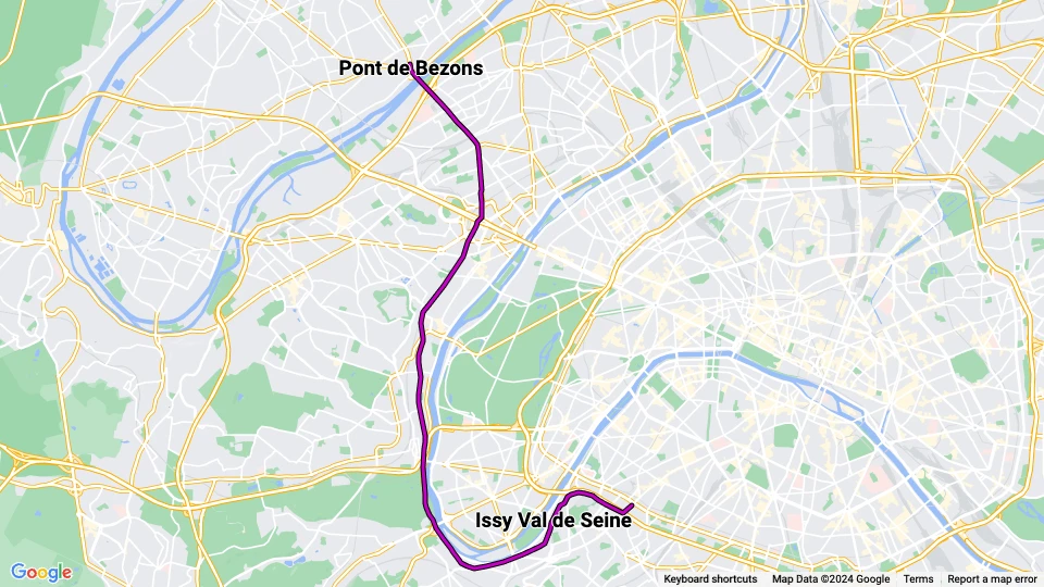 Paris Straßenbahnlinie T2: Pont de Bezons - Porte de Versailles Linienkarte